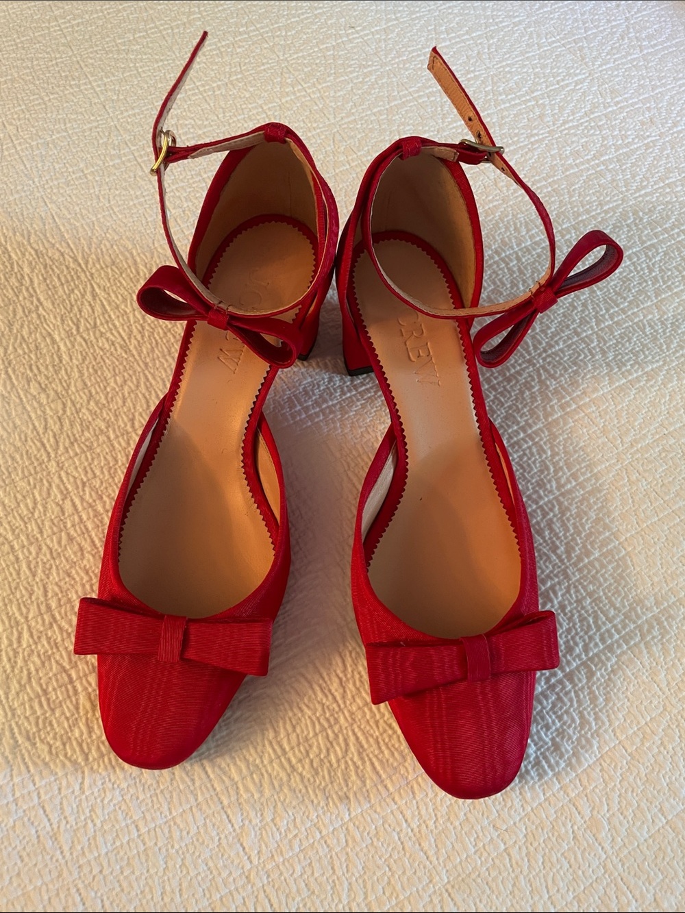 J. Crew Red Ankle-Strap Bow Block Heels